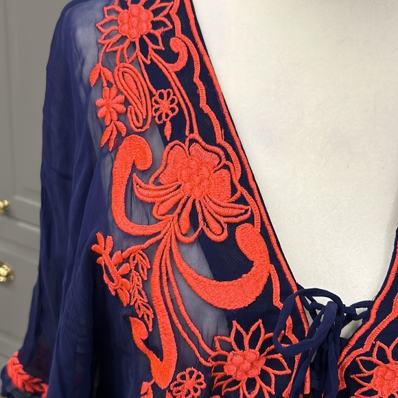 Beach Cover Up Mid-Length Kaftan with coral embroidery - Picture 5 of 16